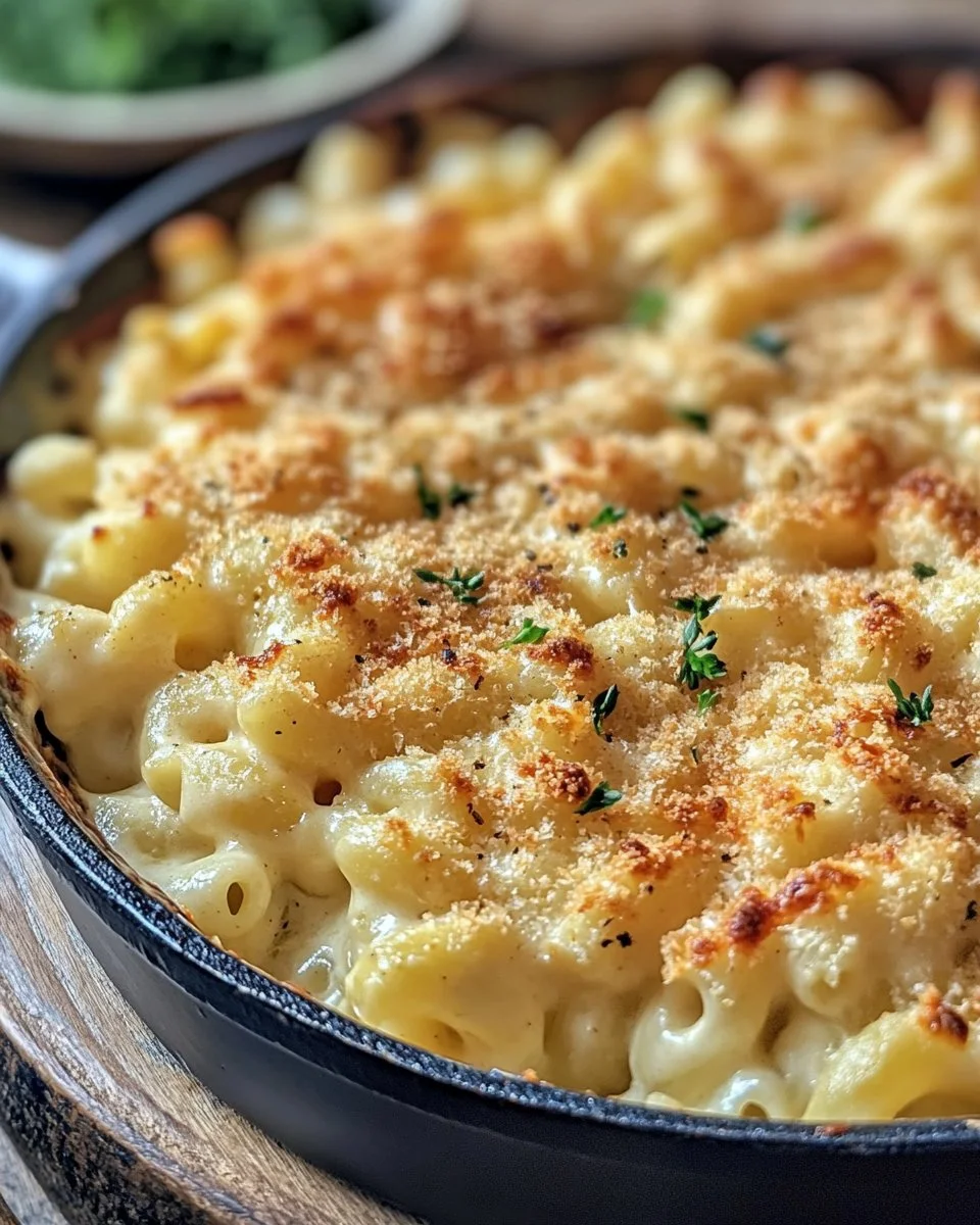 One pot creamy mac and cheese in a bowl garnished with parsley