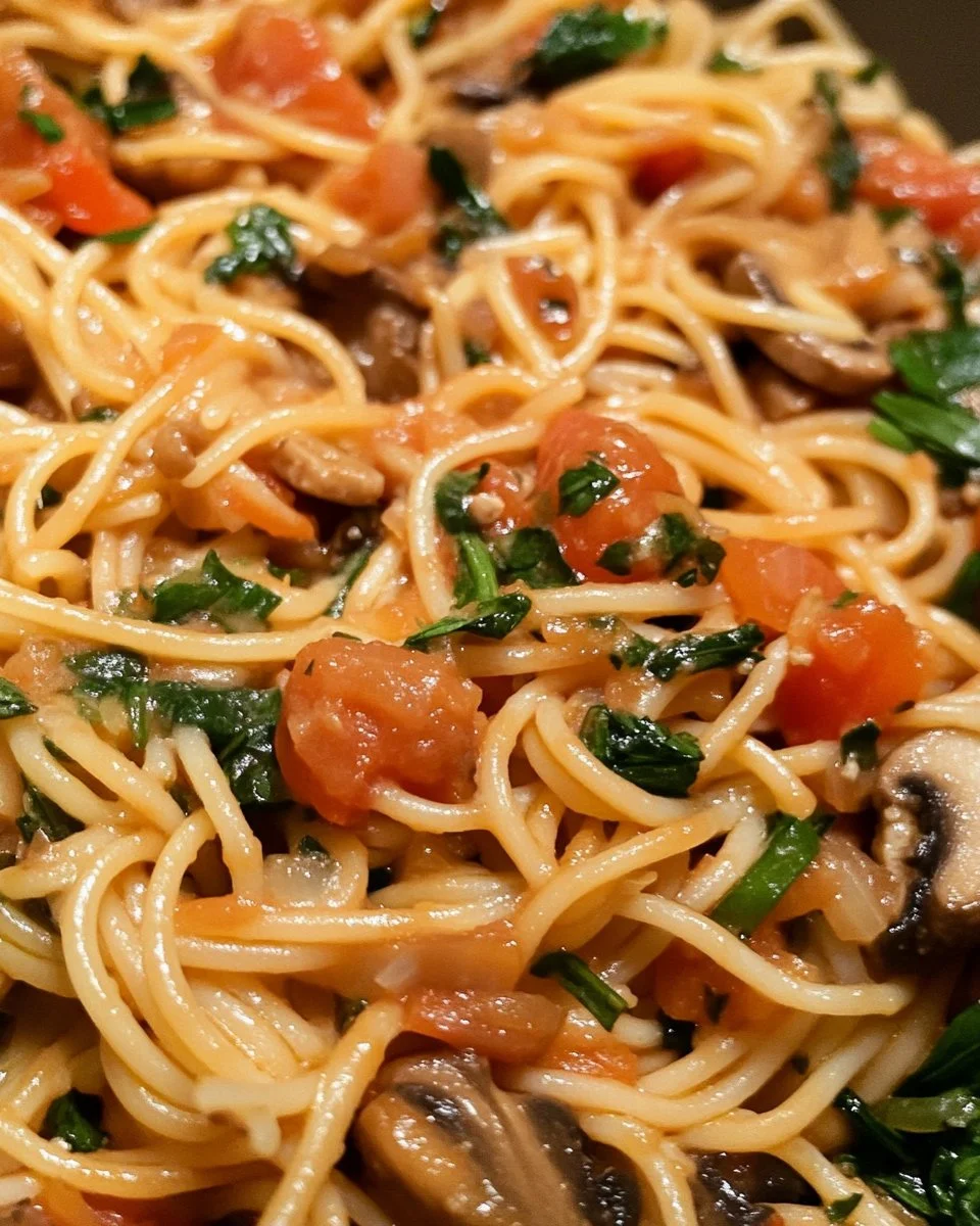 One pot veggie pasta dish with colorful vegetables