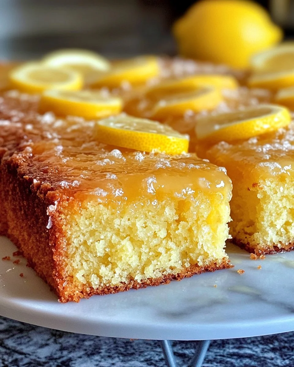 Sliced perfect lemon drizzle cake with a glossy lemon glaze on top.