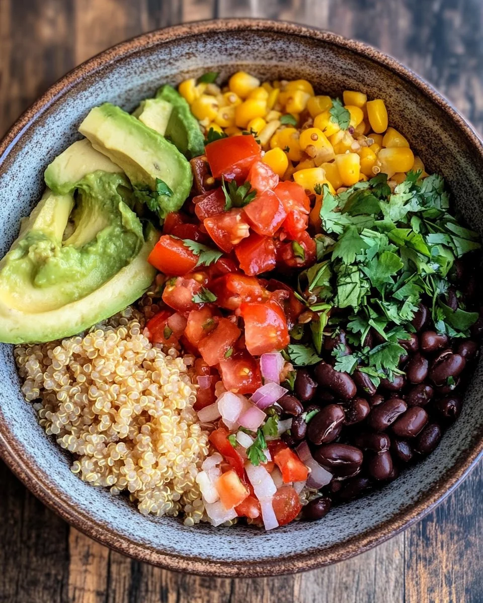 Colorful quinoa taco bowls topped with fresh vegetables and avocado.