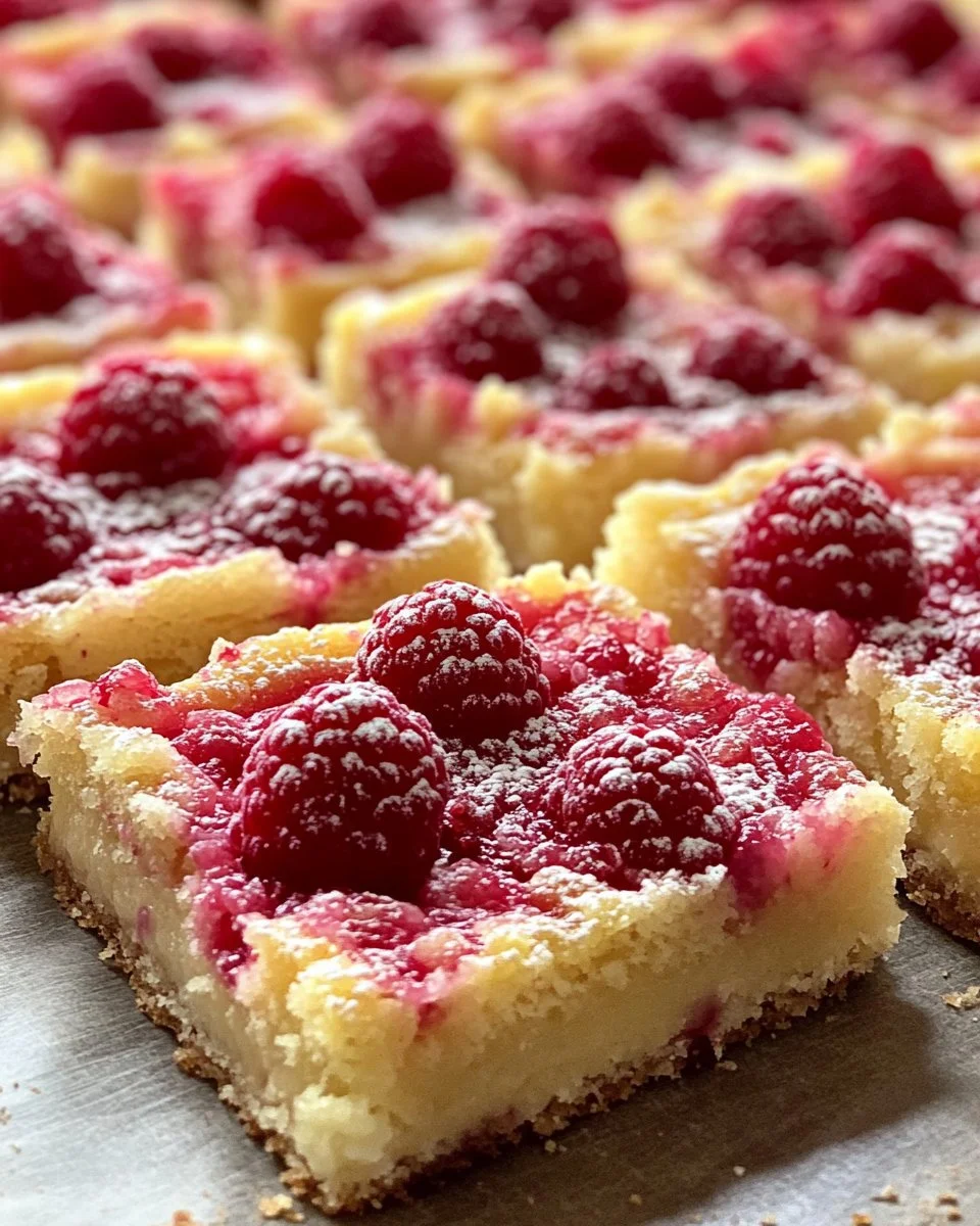 Freshly baked raspberry lemon bars with a vibrant topping and a crumbly crust.