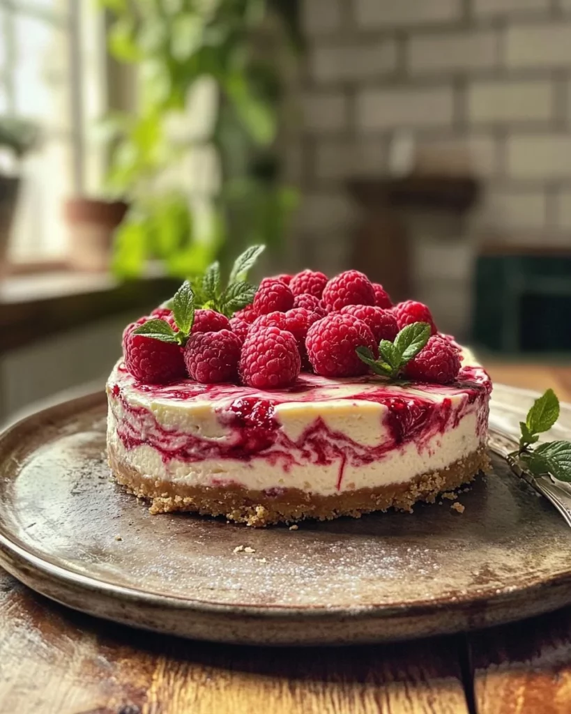 Delicious Raspberry Swirl Cheesecake with a creamy texture and vibrant raspberry topping