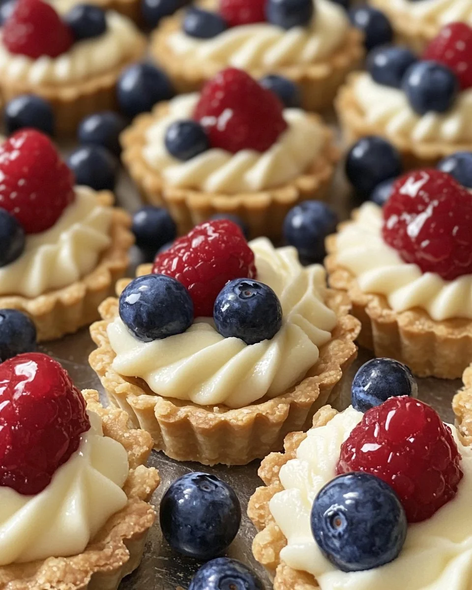 Red, white, and blue mini tartlets for festive celebrations and summer events.