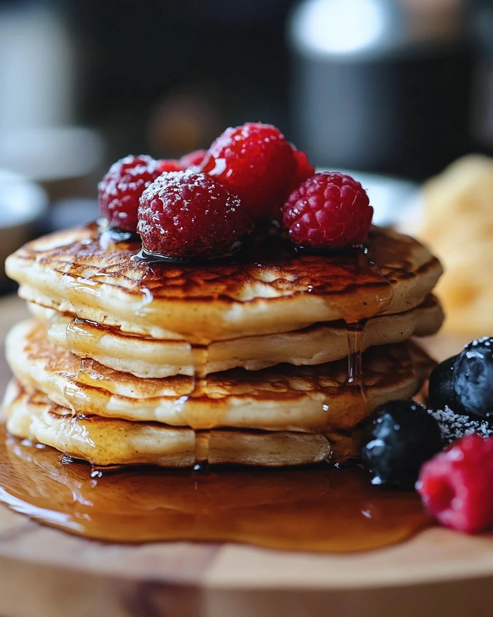 Fluffy simple vegan pancakes topped with fresh fruit and maple syrup