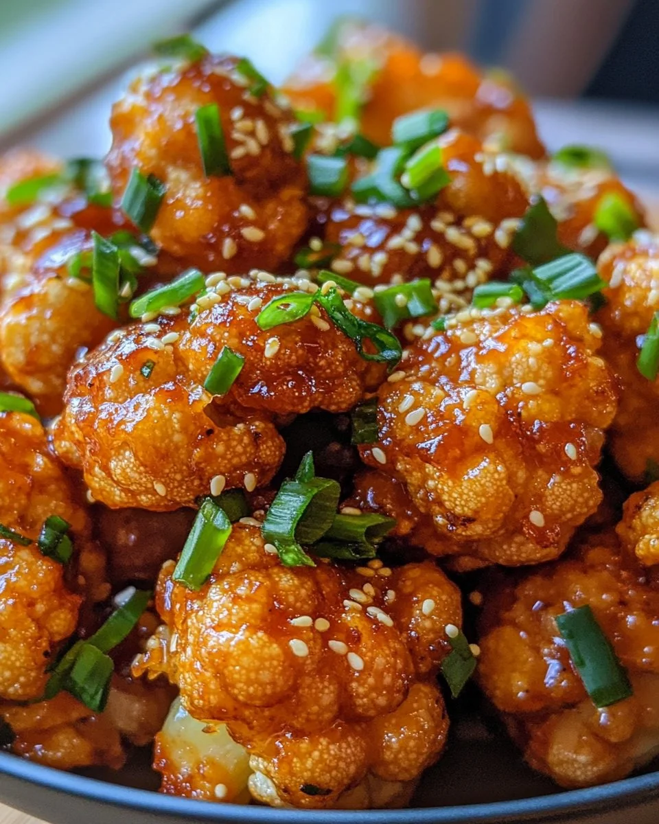 Sticky Sesame Cauliflower dish served on a plate with sesame seeds and green onions