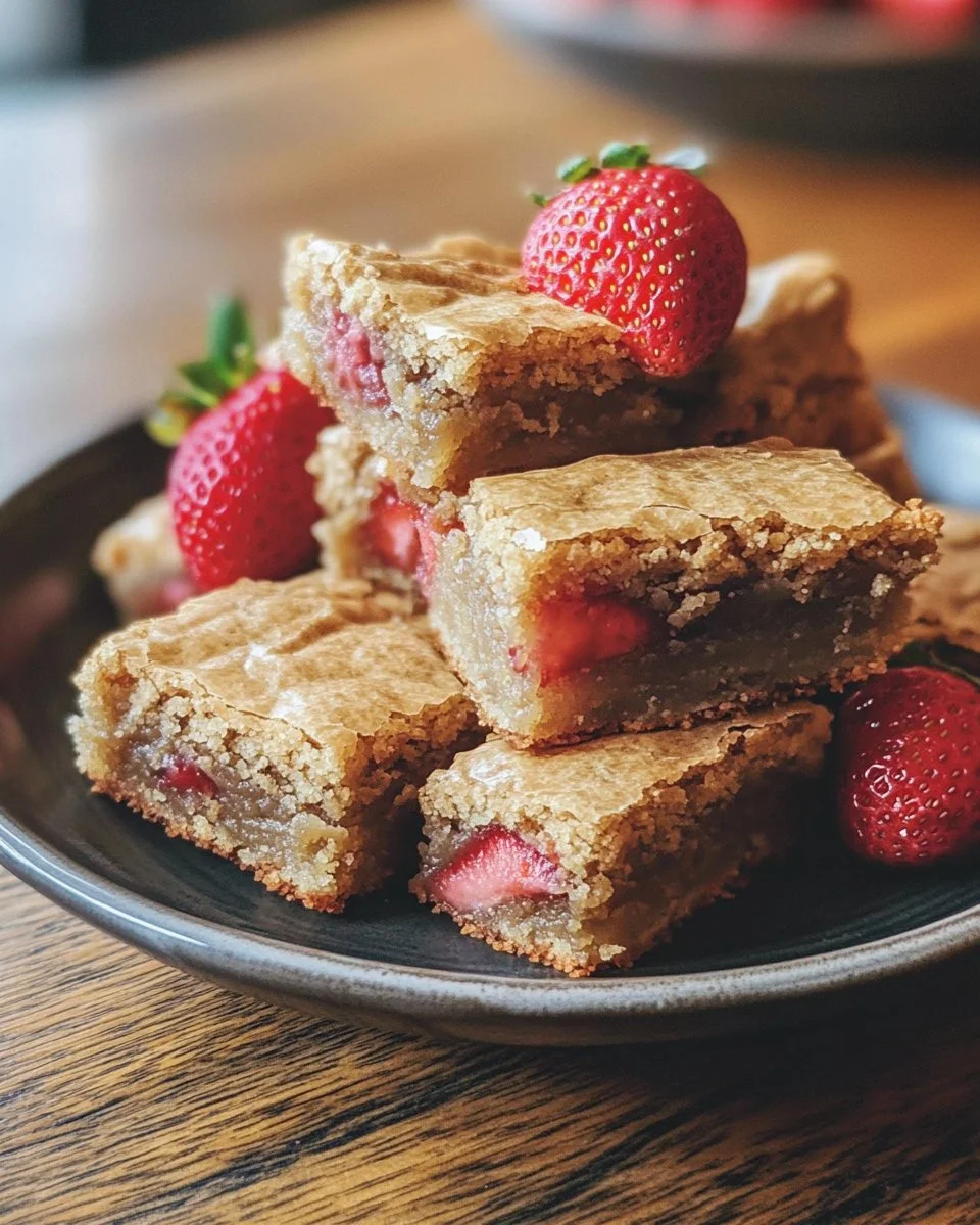 Delicious one-bowl strawberry blondies fresh out of the oven.