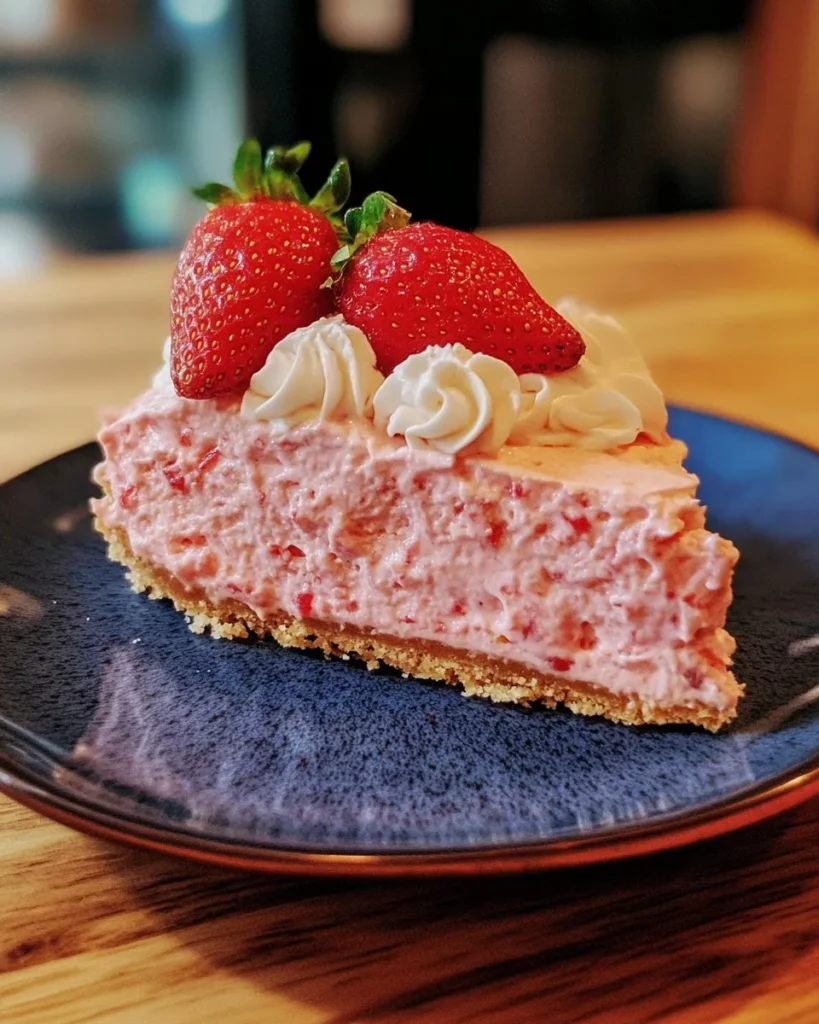 Delicious strawberry cheesecake topped with fresh strawberries and whipped cream