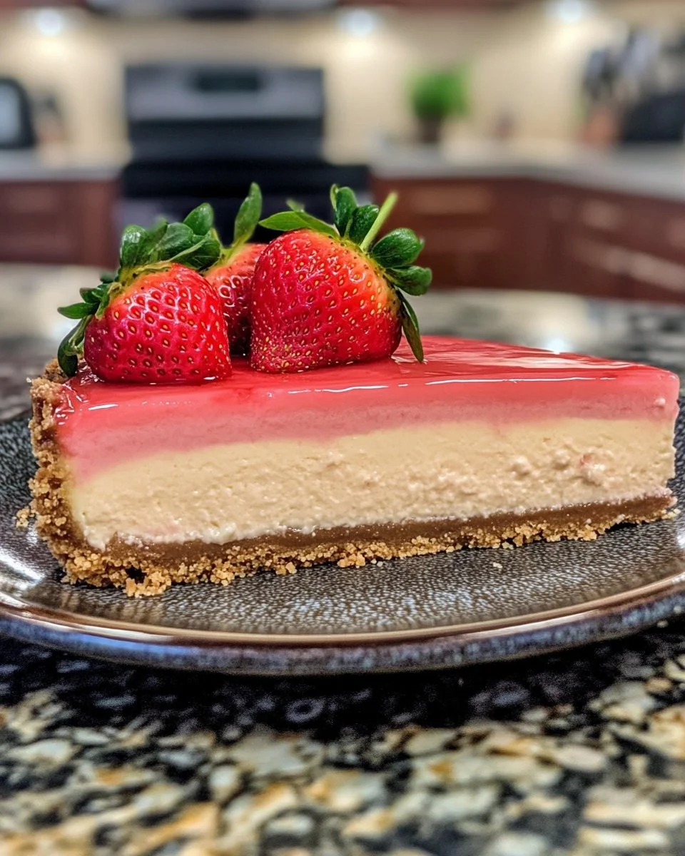 Delicious strawberry cheesecake topped with fresh strawberries and whipped cream