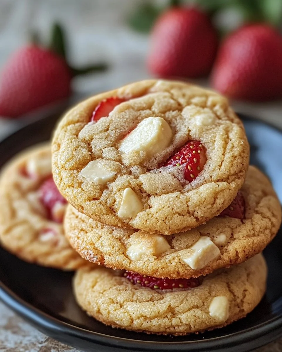 Freshly baked strawberry cheesecake cookies on a plate