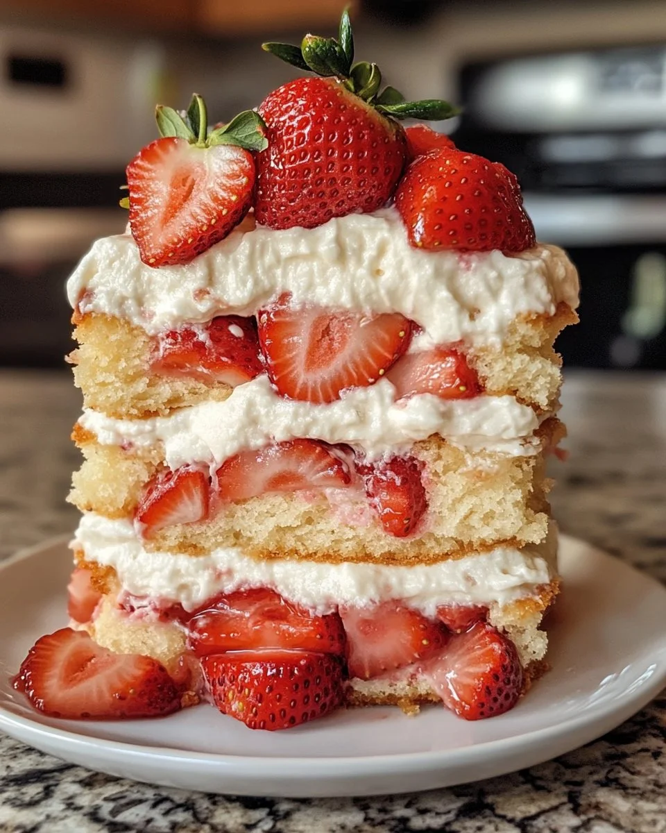 Delicious strawberry shortcake topped with fresh strawberries and whipped cream