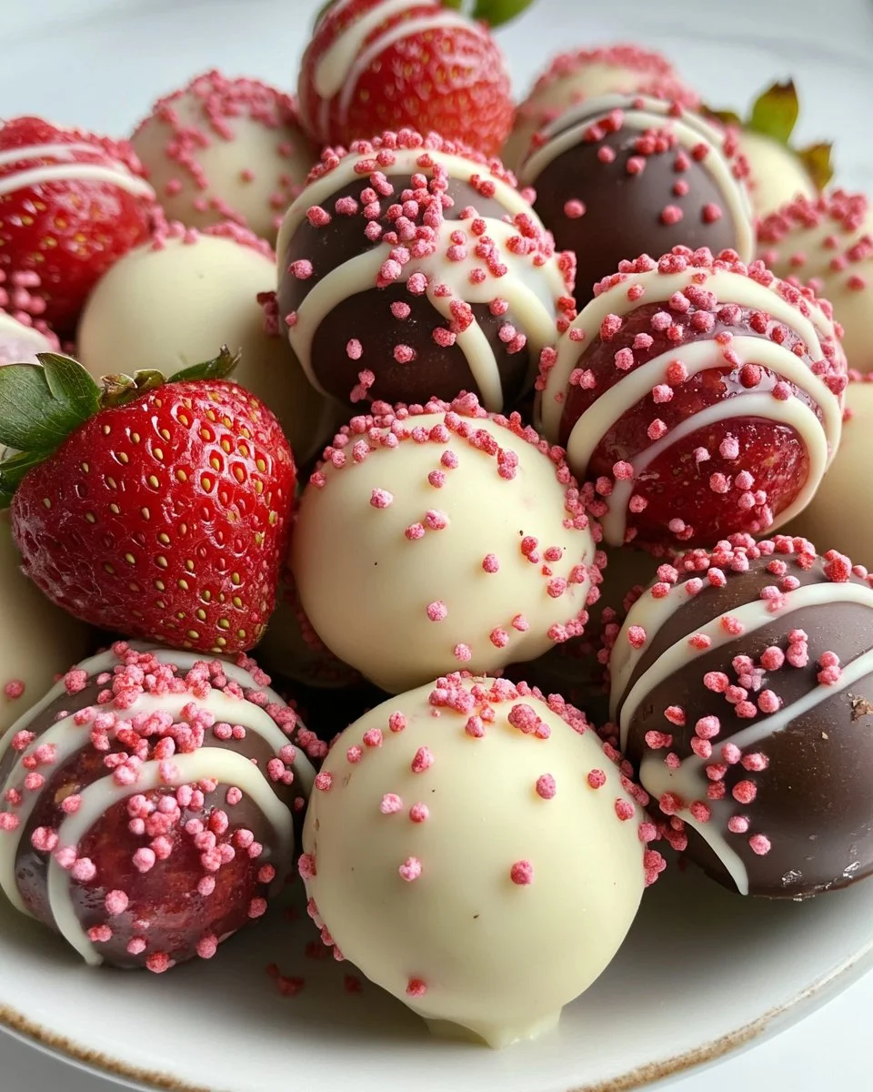 Delicious Strawberry Shortcake Truffles on a plate surrounded by fresh strawberries.