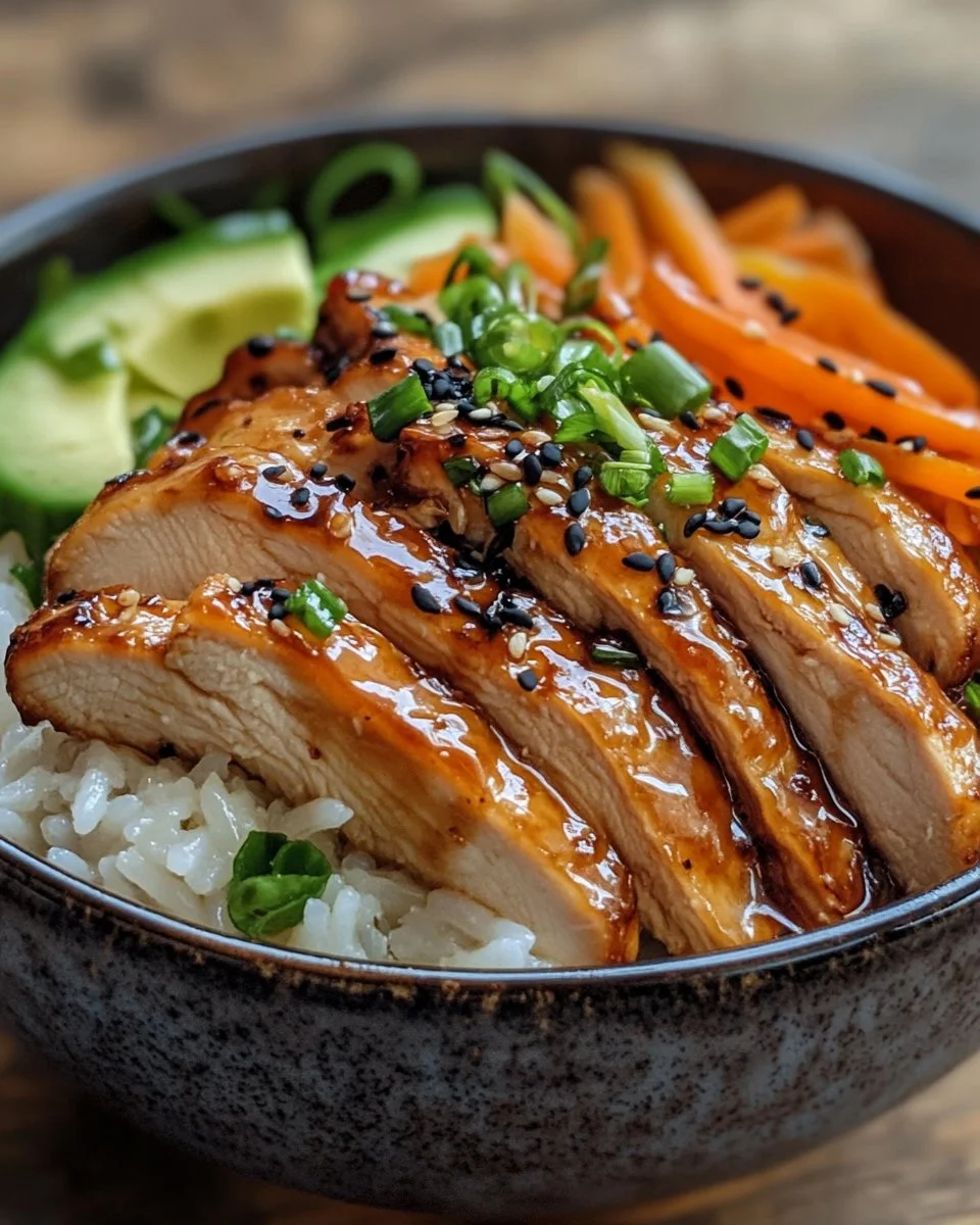 Delicious teriyaki chicken rice bowl with fresh vegetables and savory sauce