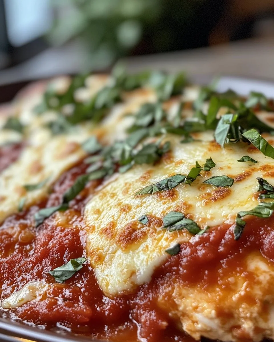 Delicious Chicken Parmesan topped with marinara sauce and melted cheese