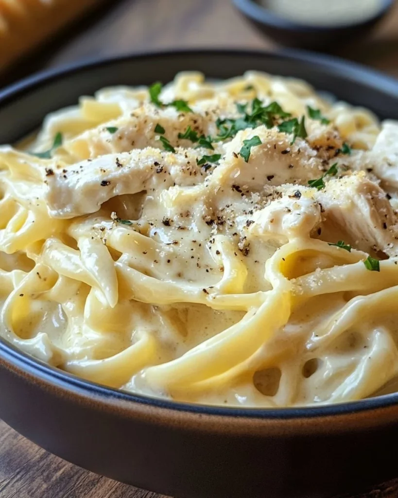 A delicious plate of creamy chicken alfredo with fettuccine pasta and parsley garnish
