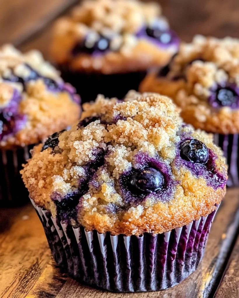 Freshly baked vegan blueberry muffins on a wooden table
