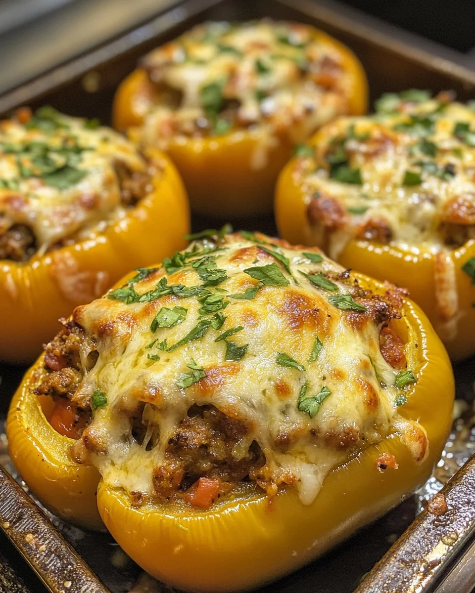 Close-up of delicious vegetarian stuffed bell peppers filled with rice and vegetables