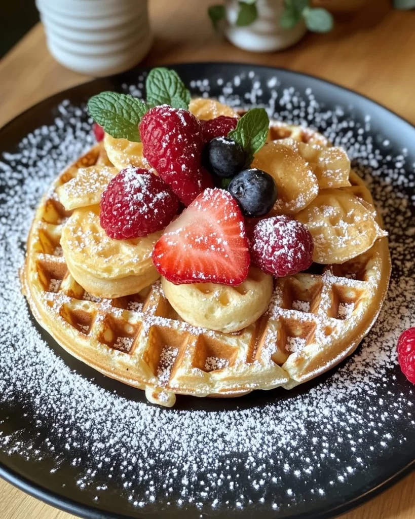 Delicious homemade waffles served with syrup and berries