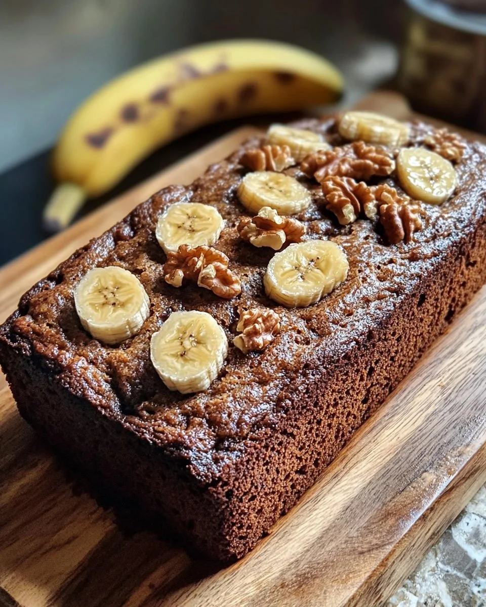 Slice of homemade Walnut Banana Bread with walnuts and bananas