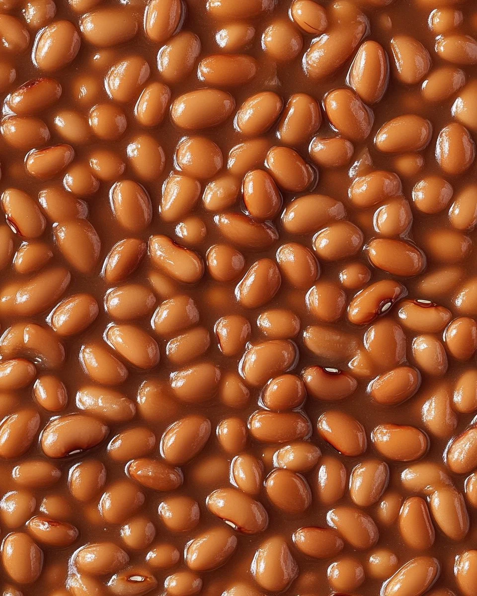 Baked beans prepared from canned beans in a serving dish