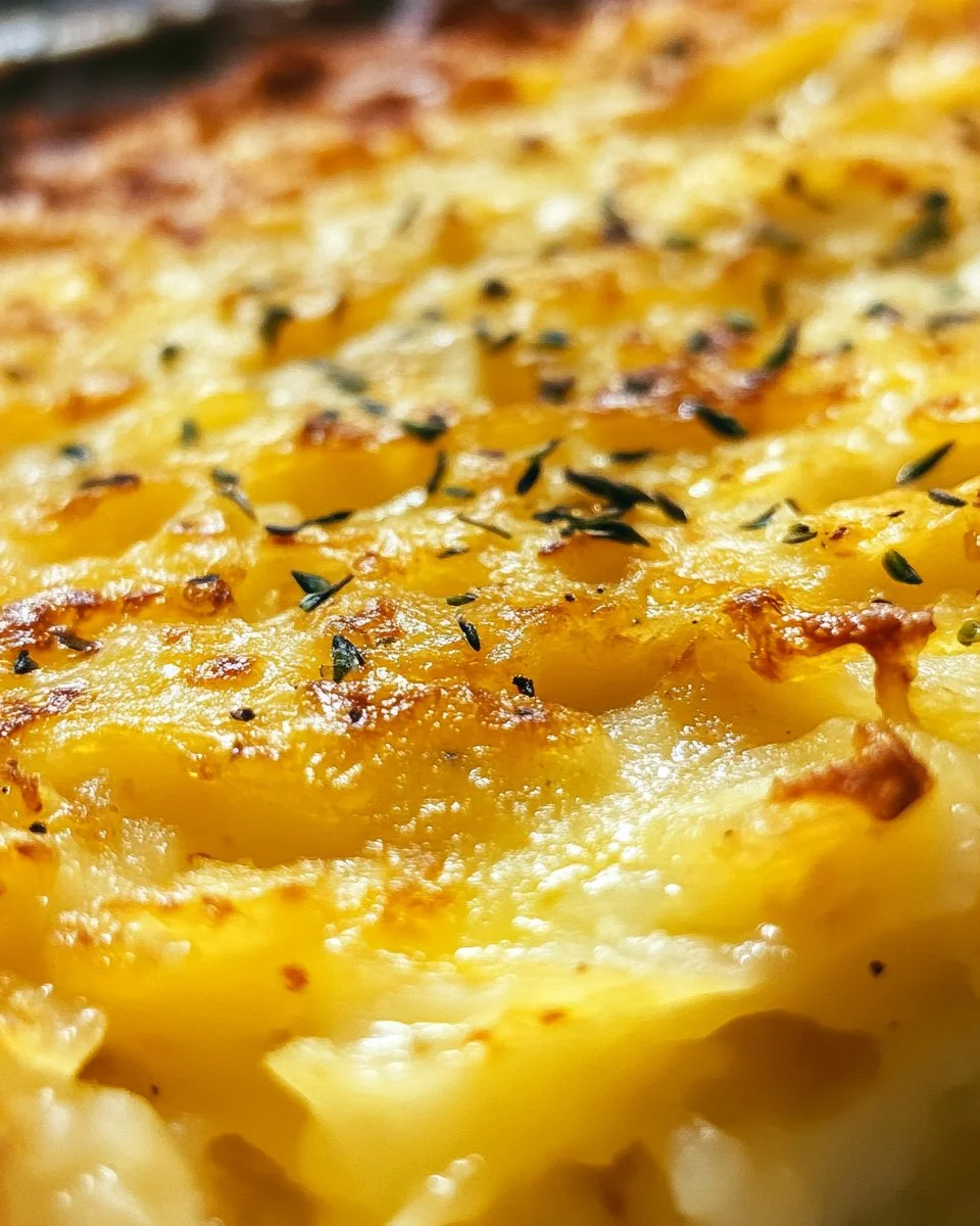 Delicious breakfast hashbrown casserole topped with cheese and herbs