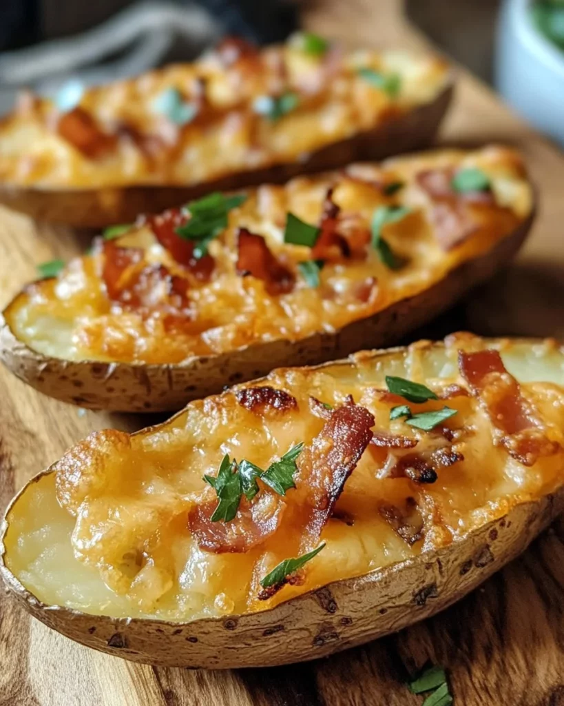 Delicious loaded potato skins topped with cheese, bacon, and green onions