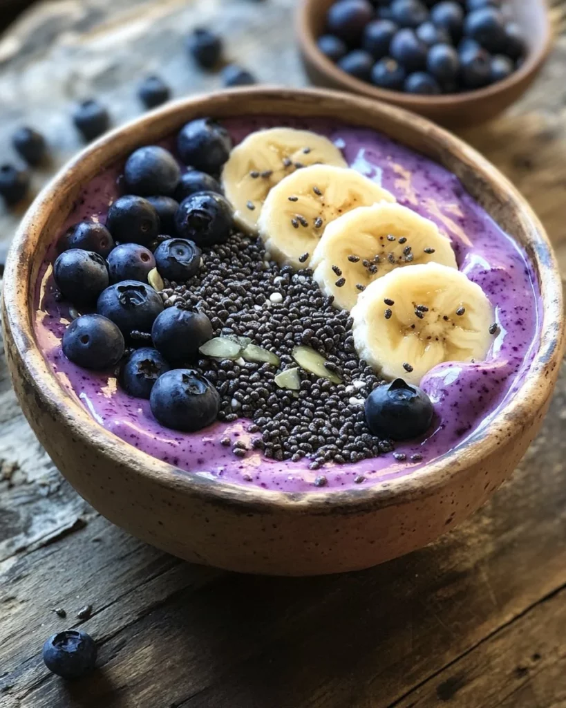 Blueberry Banana Smoothie Bowl topped with fresh fruits and granola.