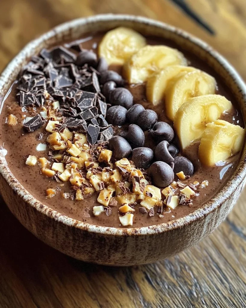 Caramel-Chocolate Smoothie Bowl topped with fruits and nuts