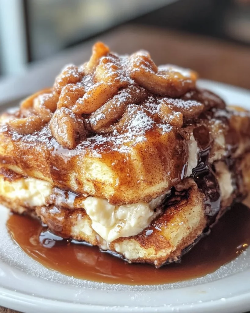 Delicious cinnamon roll French toast topped with icing and berries