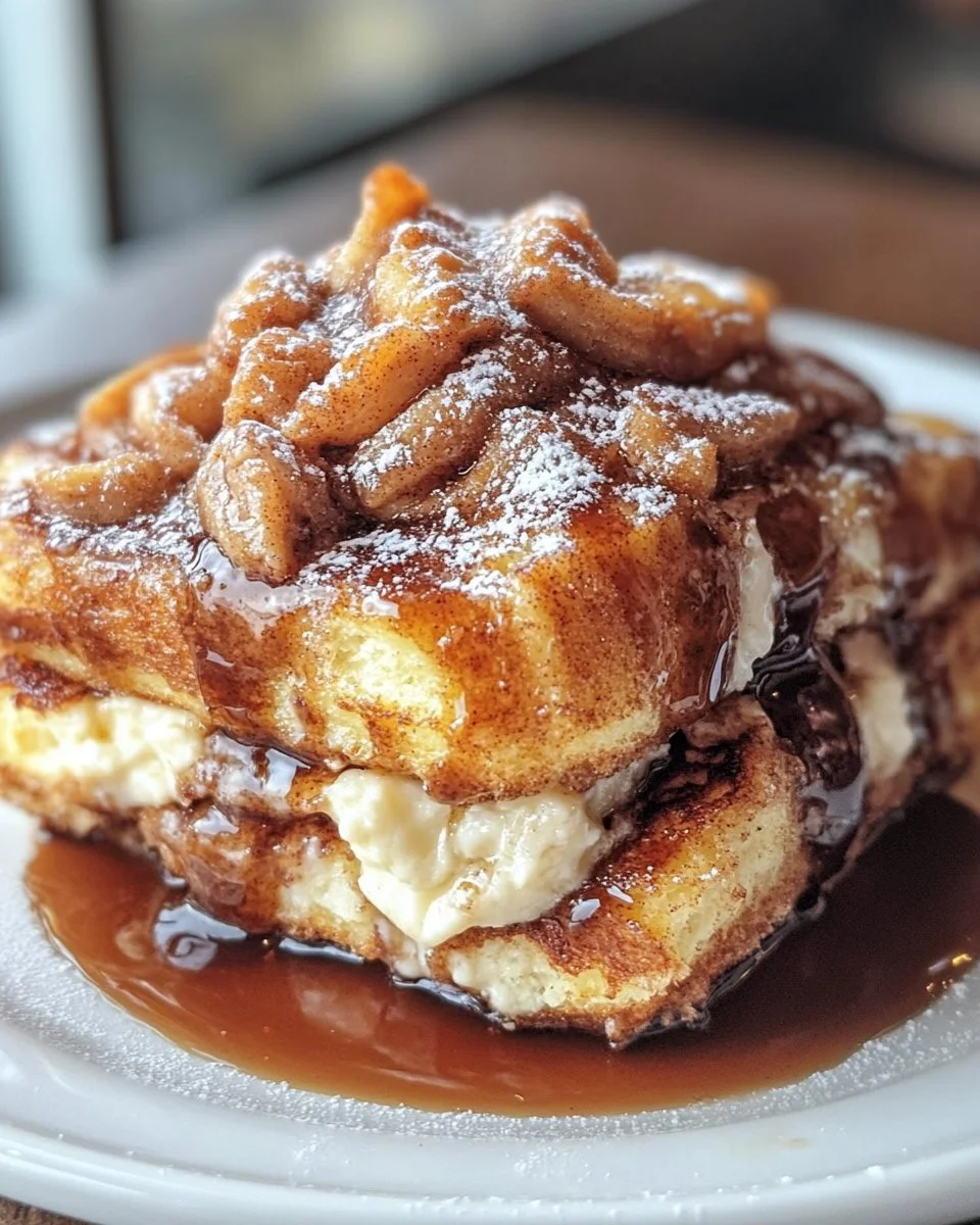 Delicious cinnamon roll French toast topped with icing and berries