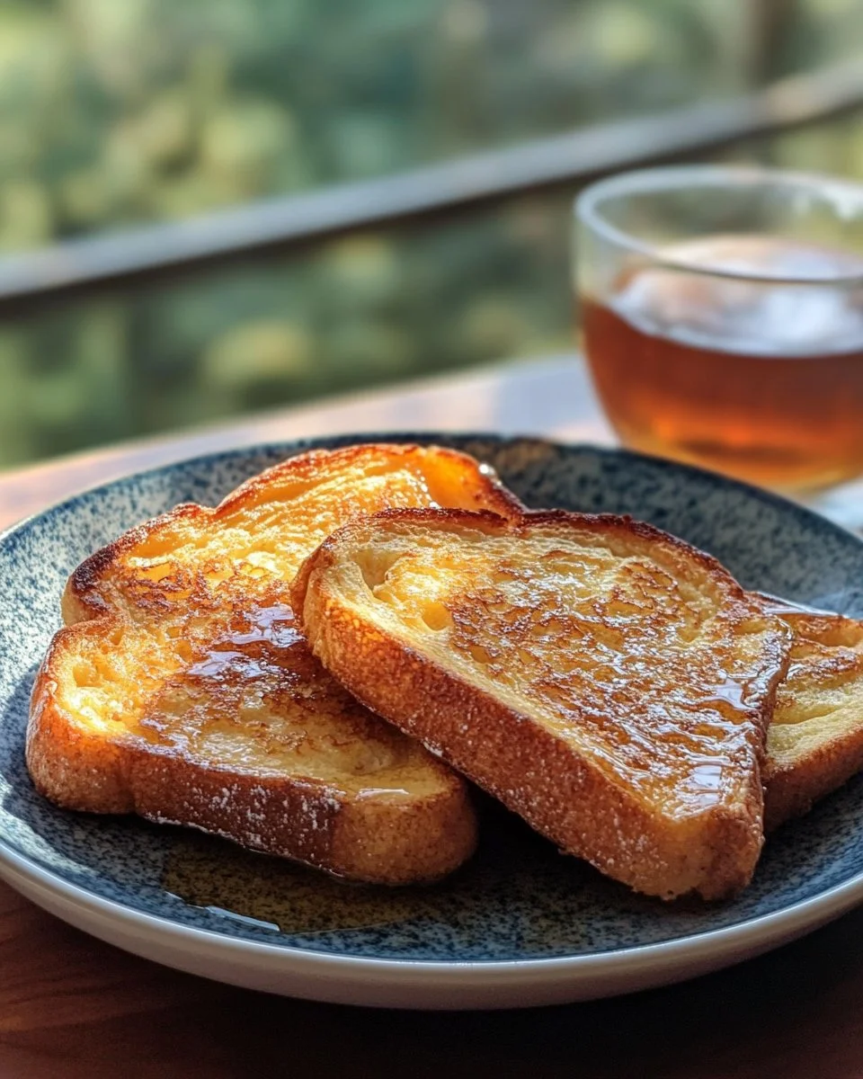 Plate of classic French toast topped with syrup and berries