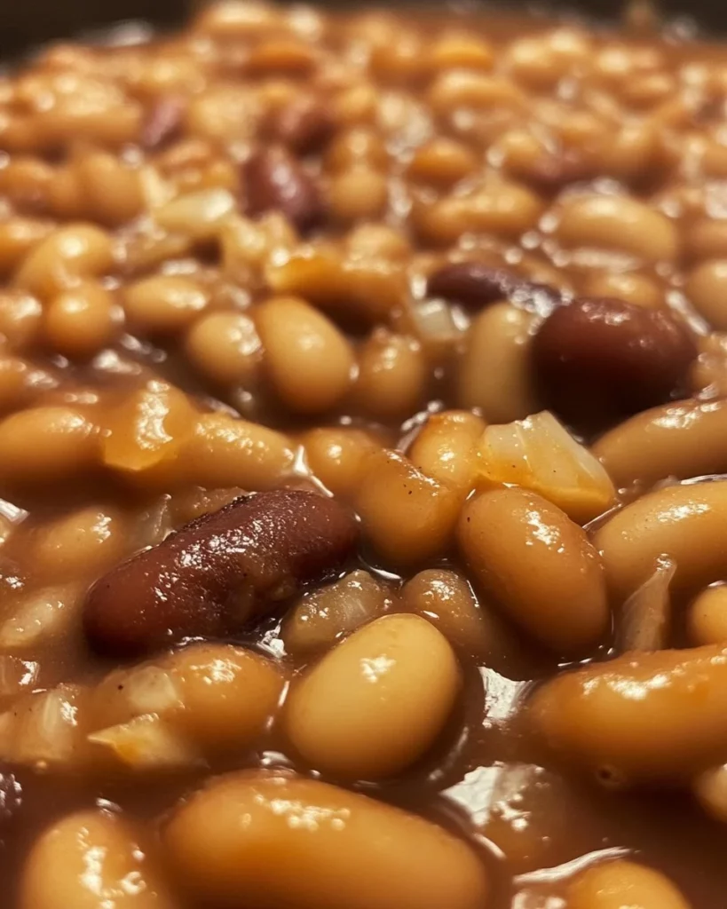 Delicious classic sweet and smoky baked beans in a rustic dish