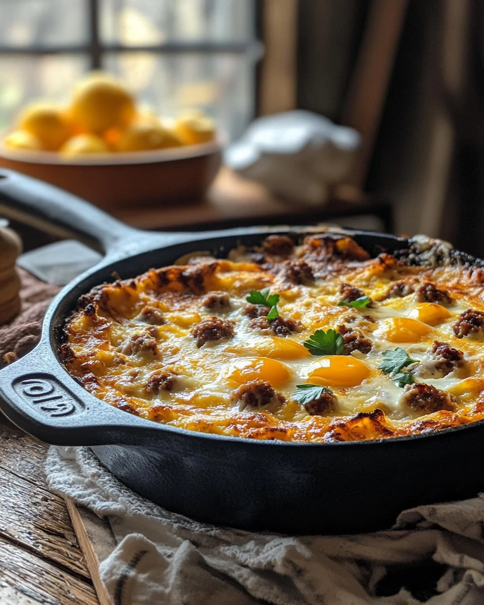 Delicious Easy Sausage and Egg Casserole topped with cheese and herbs