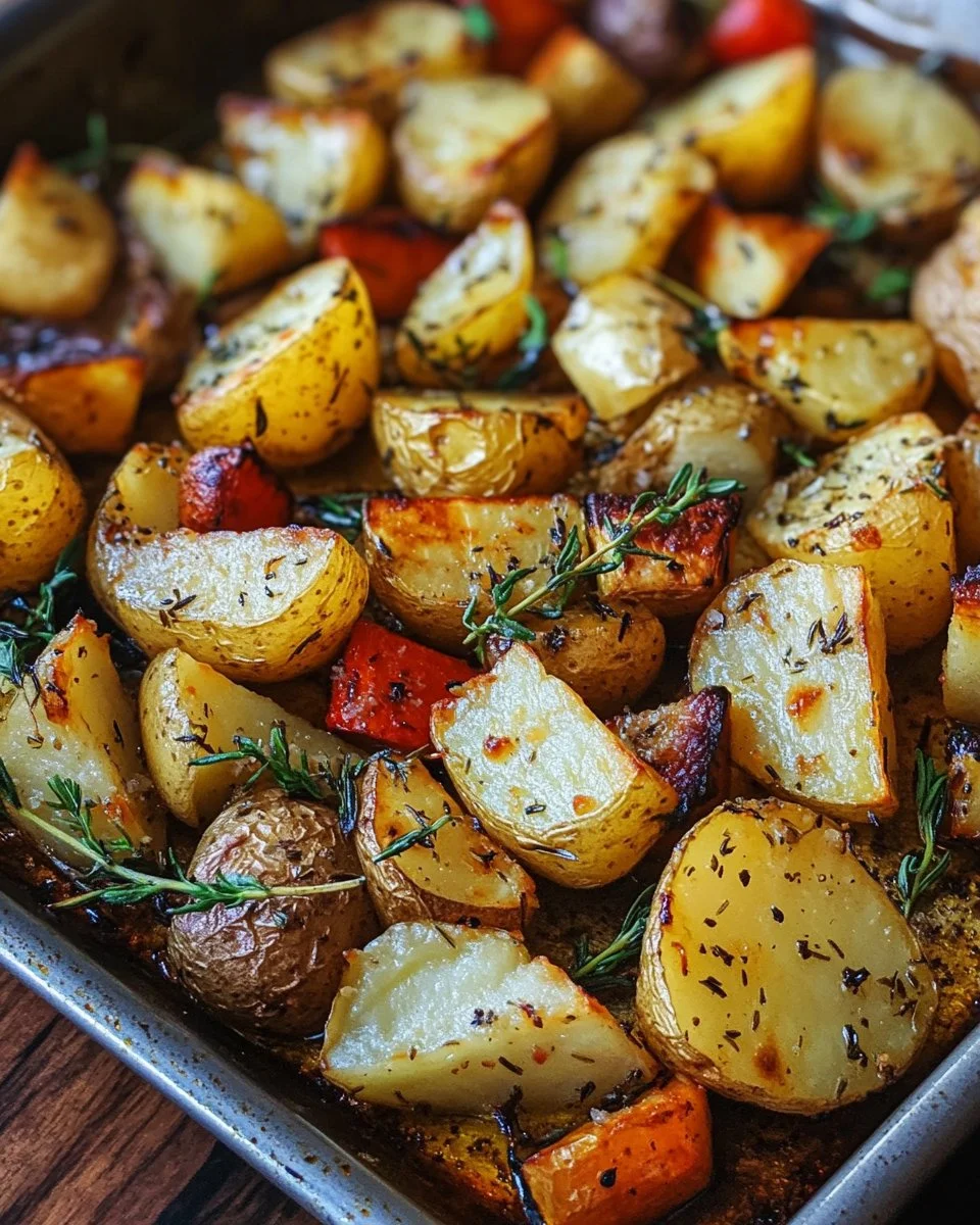 Garlic herb roasted potatoes and mixed veggies on a serving platter
