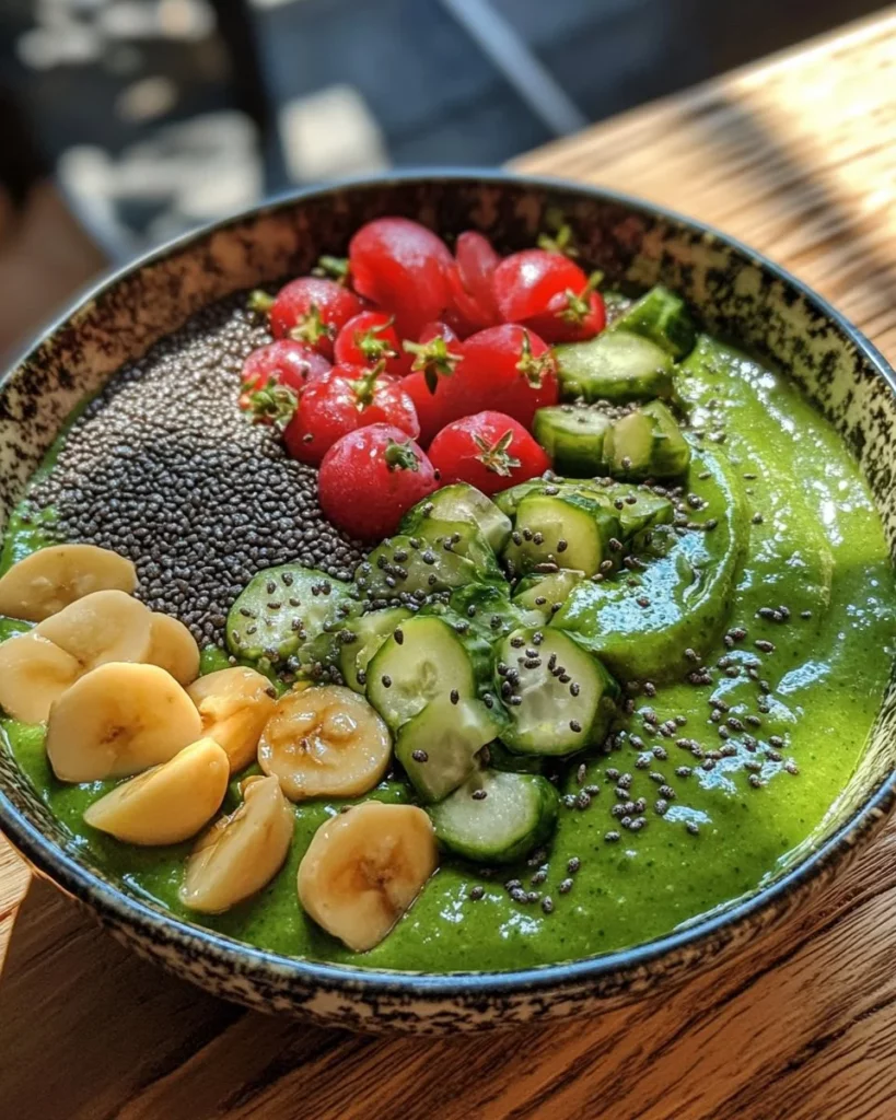Healthy green protein smoothie bowl topped with fruits and seeds
