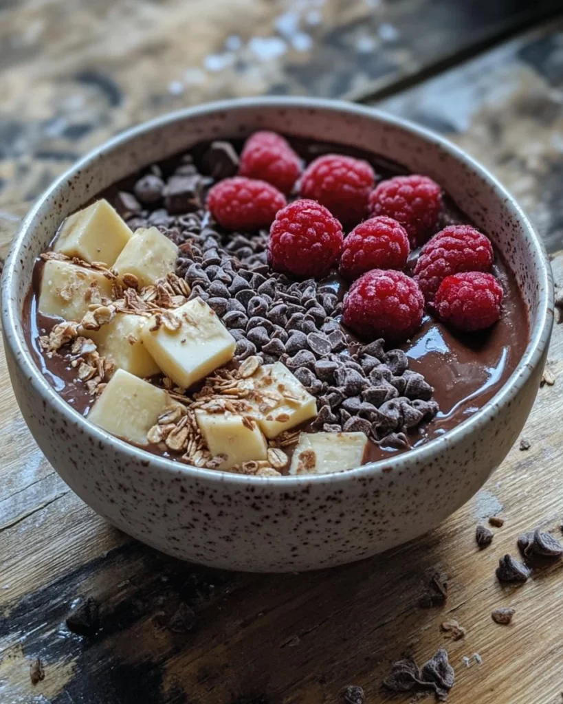 Healthy chocolate smoothie bowl topped with fresh fruits and nuts