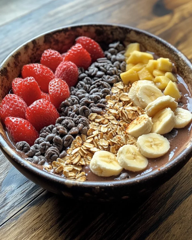 High protein breakfast smoothie bowl topped with fruits and seeds