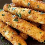 Golden brown homemade mozzarella sticks served on a plate with marinara sauce.