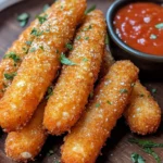 Plate of homemade mozzarella sticks with marinara dipping sauce.