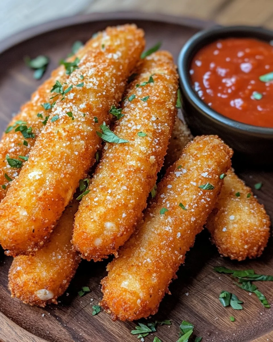 Plate of homemade mozzarella sticks with marinara dipping sauce.