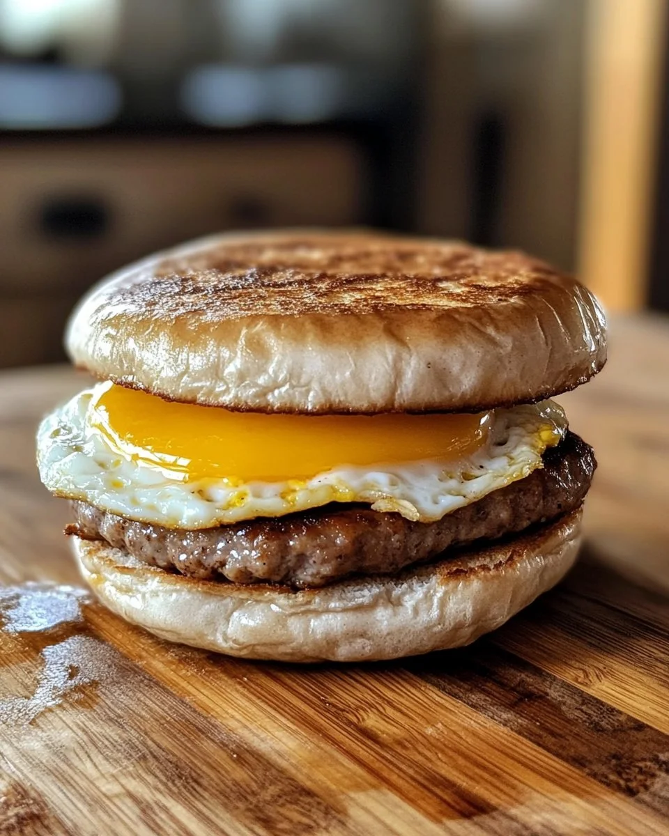 Homemade sausage and egg McMuffin with fresh ingredients on a wooden table