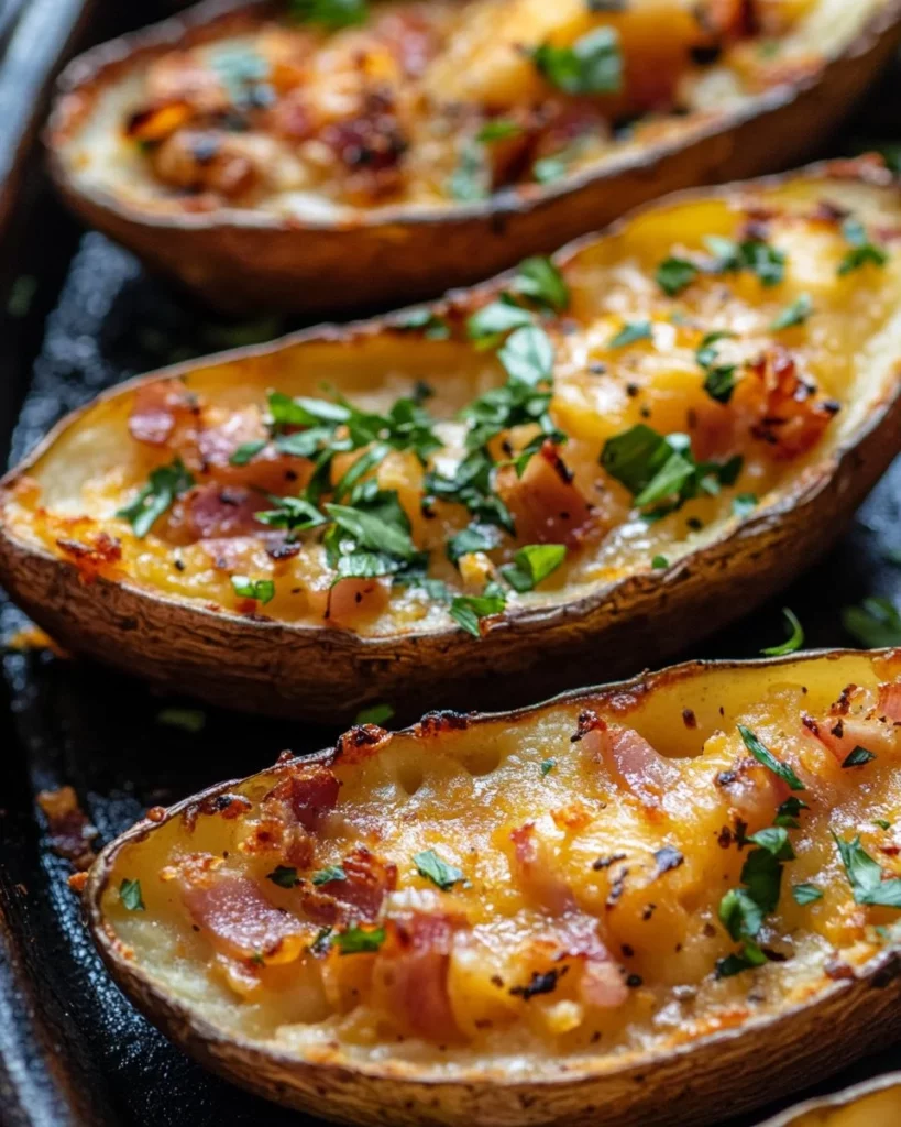 Delicious loaded potato skins topped with cheese, bacon, and chives