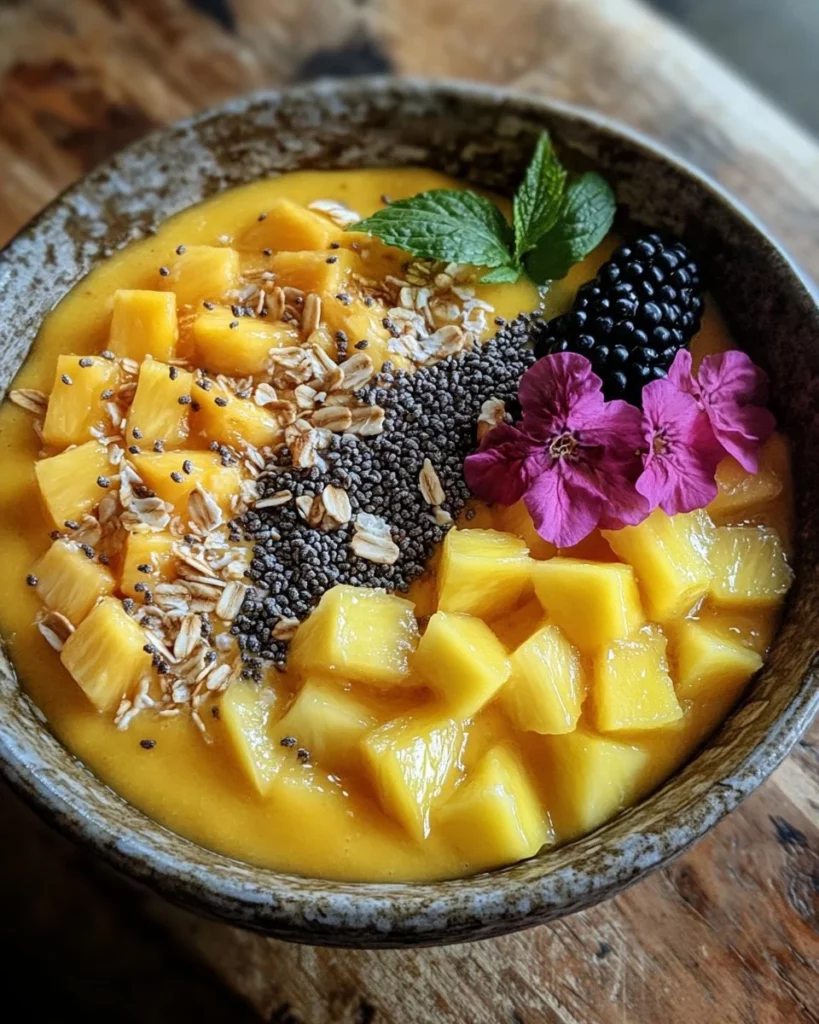 Mango Pineapple Tropical Smoothie Bowl topped with fresh fruits and granola
