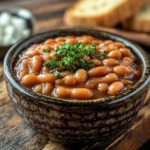 Delicious serving of Maple Baked Beans in a rustic bowl