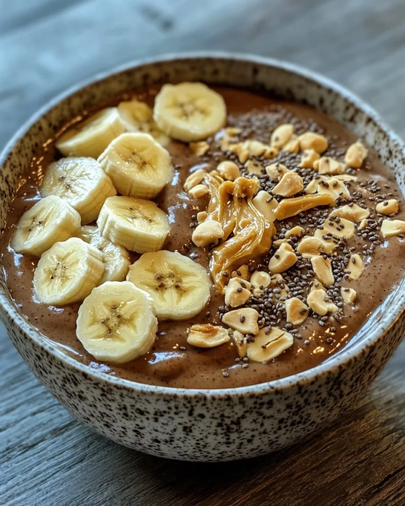 Peanut Butter Banana Smoothie Bowl topped with fresh fruits and nuts