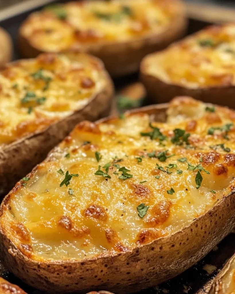 Appetizing potato skins topped with cheese and bacon