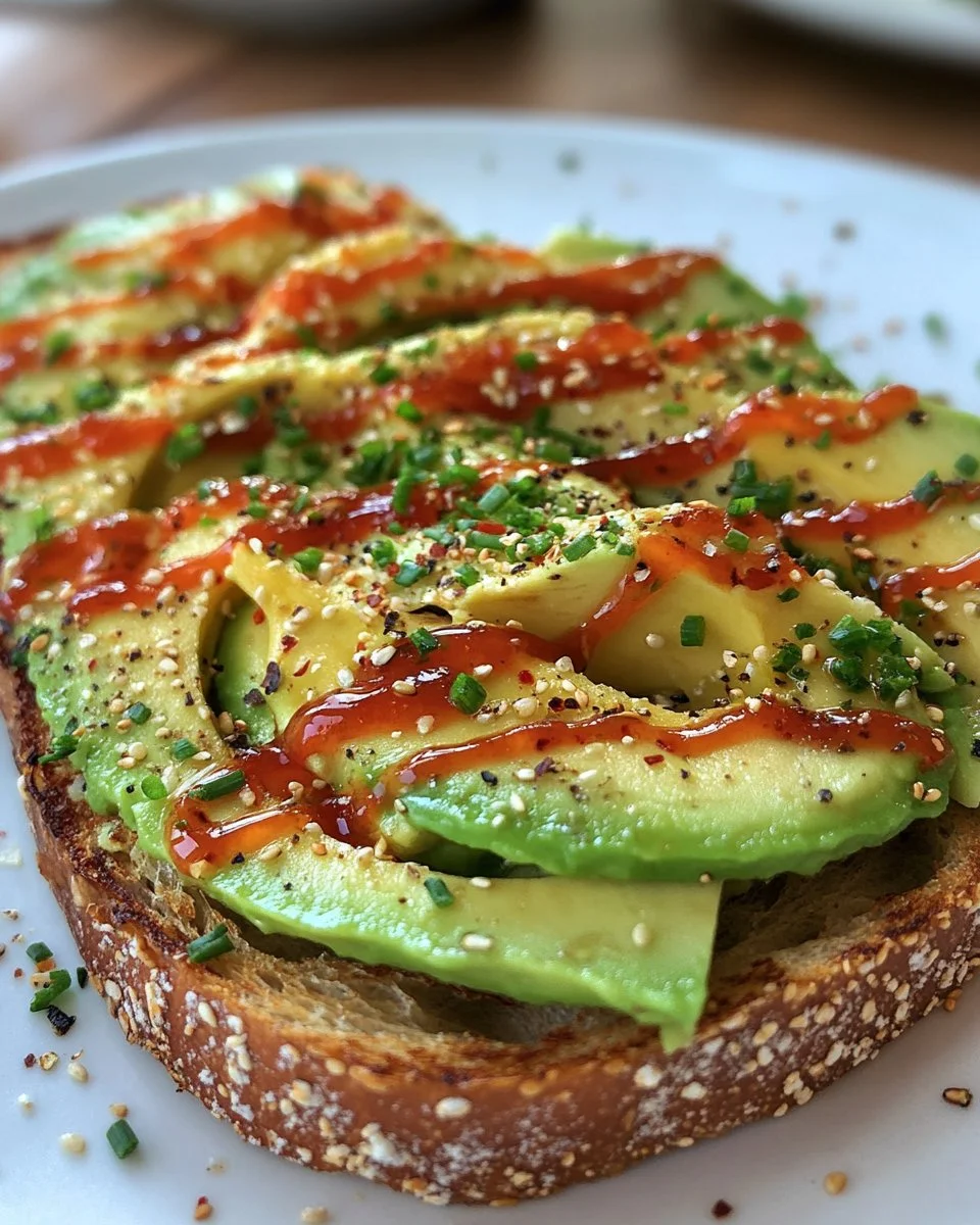 Spicy avocado toast topped with Sriracha sauce for a flavorful breakfast