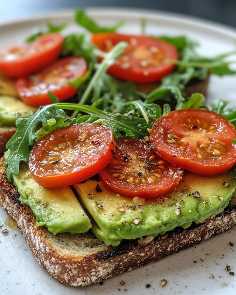 Fresh Tomato Avocado Toast topped with arugula on whole grain bread
