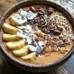 Delicious Vanilla Coconut Smoothie Bowl topped with fresh fruits and coconut flakes.