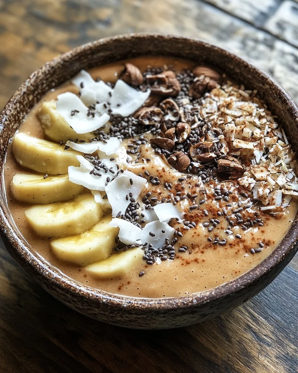 Delicious Vanilla Coconut Smoothie Bowl topped with fresh fruits and coconut flakes.
