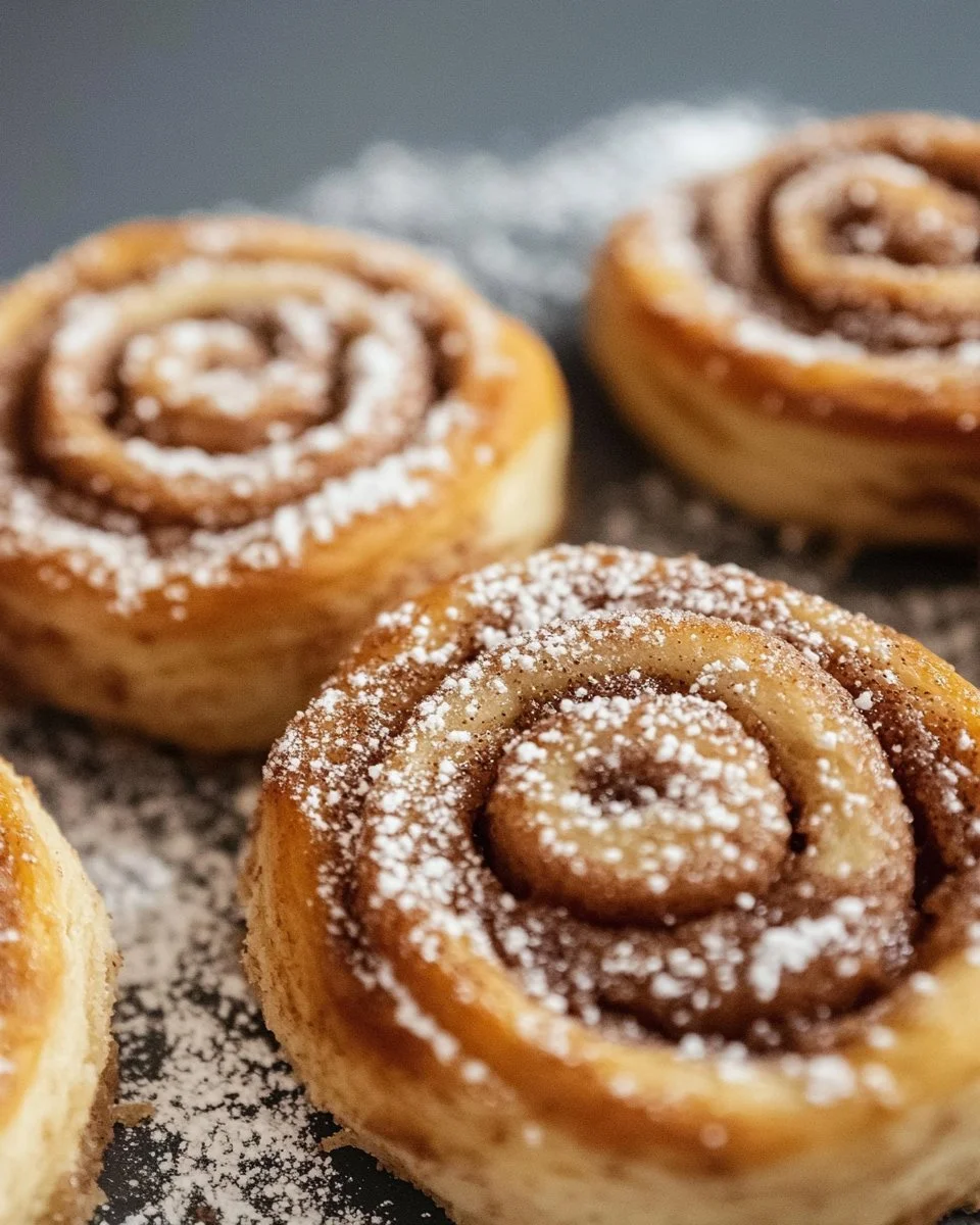 Freshly baked vegan cinnamon rolls topped with creamy icing.